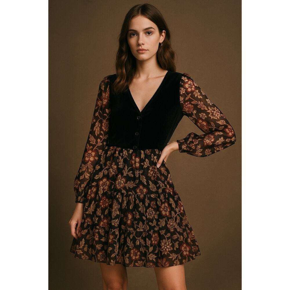 ZARA Velvet Floral Long Sleeve Dress Size M | Boho Dark Romance